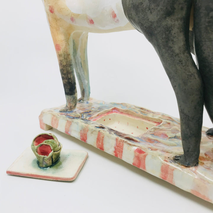 Raw Beauty - Ceramic sculpture of cone 6 stoneware finished with glazes and underglazes. The regal fox shields a small compartment in the base of this sculpture. 