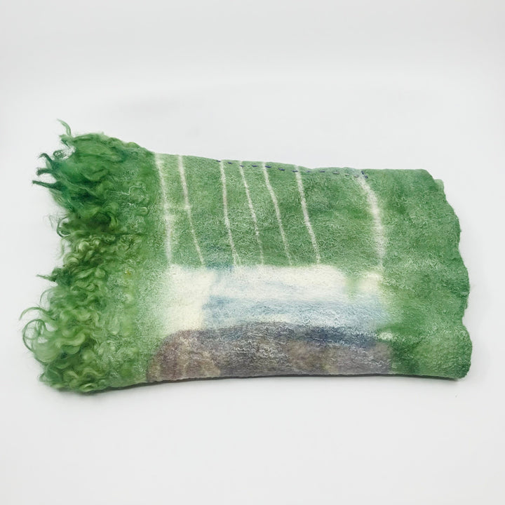 Green and blue scarf, created with hand-dyed silk and merino wool with recycled materials.