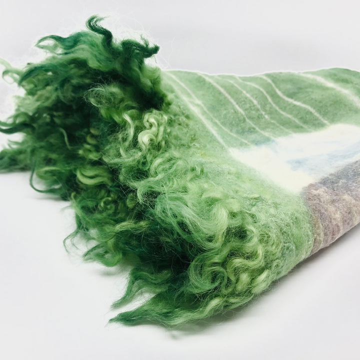 Green and blue scarf, created with hand-dyed silk and merino wool with recycled materials.