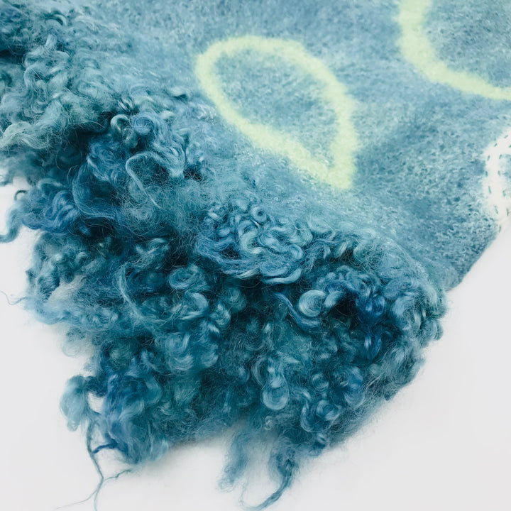 Green and blue scarf, created with hand-dyed silk and merino wool with recycled materials.