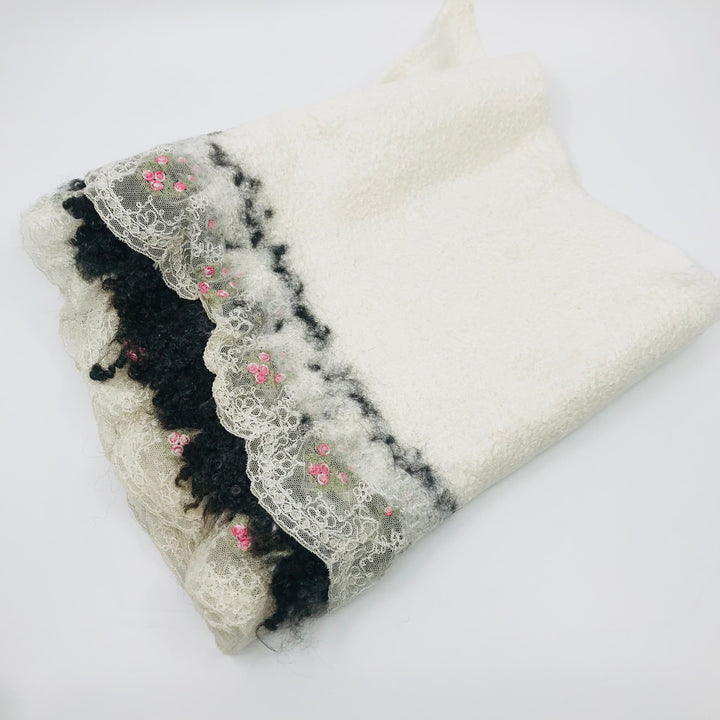 Posey white scarf, created with hand-dyed silk and merino wool with recycled materials.