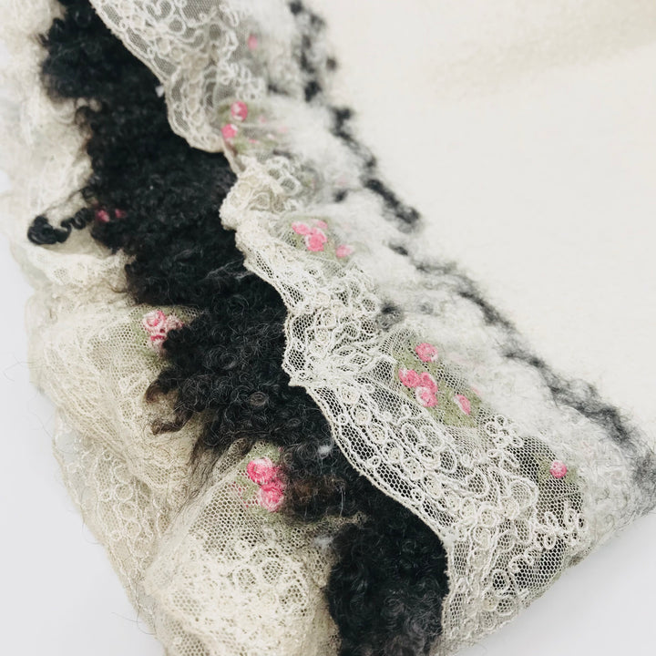 Posey white scarf, created with hand-dyed silk and merino wool with recycled materials.
