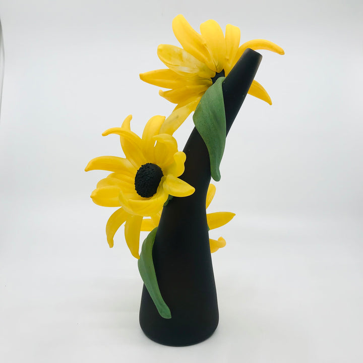 Medium Sprig Vase, with gold daisy on grey. 