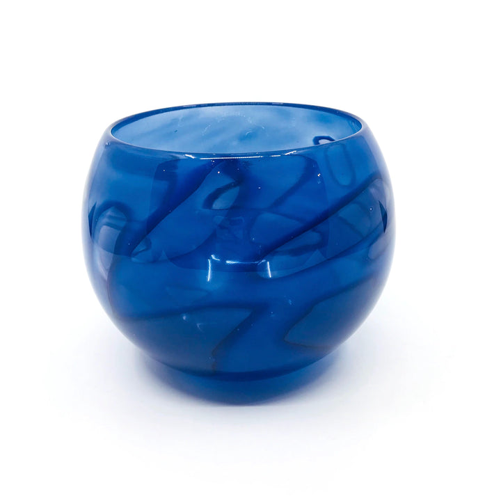 Shadow Vase Series: blue glass bowl with shards captured within the layers of the glass, 5" x 5.5". 