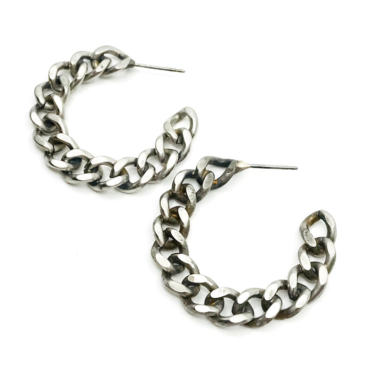 Matte oxidized stud earrings are transformed salvaged chains hand-fabricated into hoops. Steel posts. 3.2cm in diameter.