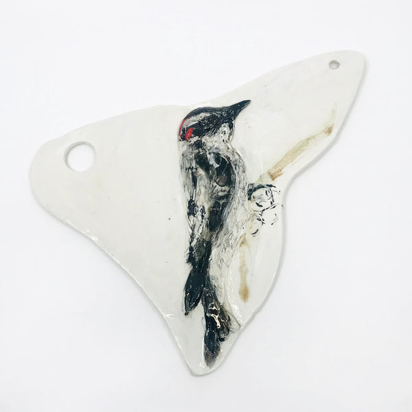 Woodpecker Wall / Cheese Plate, multi-fired porcelain painting with gold lustre