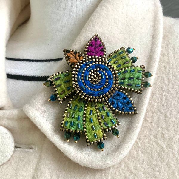 Blue Swirl Flower Mixed Media Brooch by Odile Gova