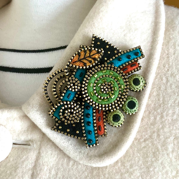 Green Swirl and Leaves Mixed Media Brooch by Odile Gova