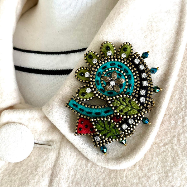 Teal Swirl with Rhinestone Flower Mixed Media Brooch by Odile Gova