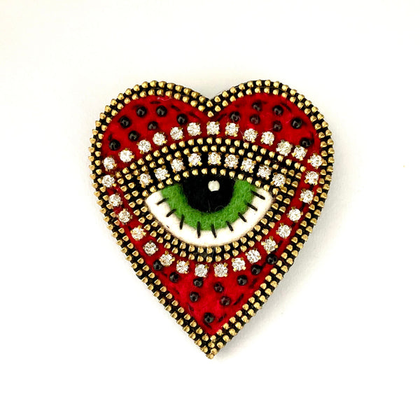 Red Heart With Eye Mixed Media Brooch by Odile Gova