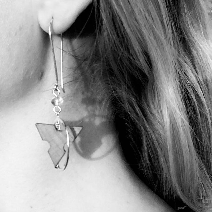 Made to Measure earrings. Round drop earrings combining vintage boxwood ruler, vintage beads, and sterling silver hooks. The circular forms are not fixed in one place, and can be rotated.