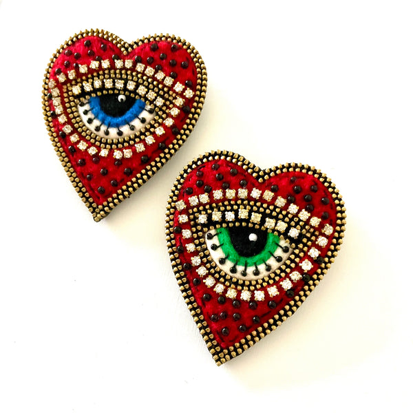 Red Heart With Eye Mixed Media Brooch by Odile Gova