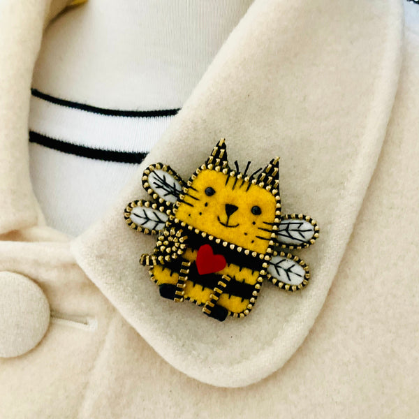 Cat Bee Mixed Media Brooch by Odile Gova