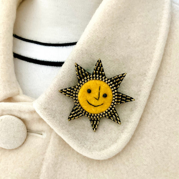 Smiling Sun Mixed Media Brooch by Odile Gova