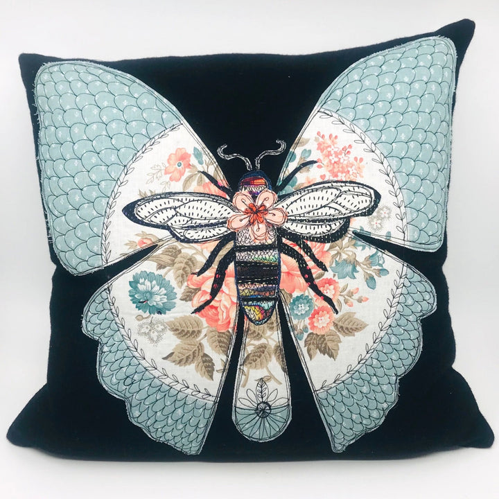 'Moth' Pillow, 15"x15". Cotton applique on denim, with feather fill.