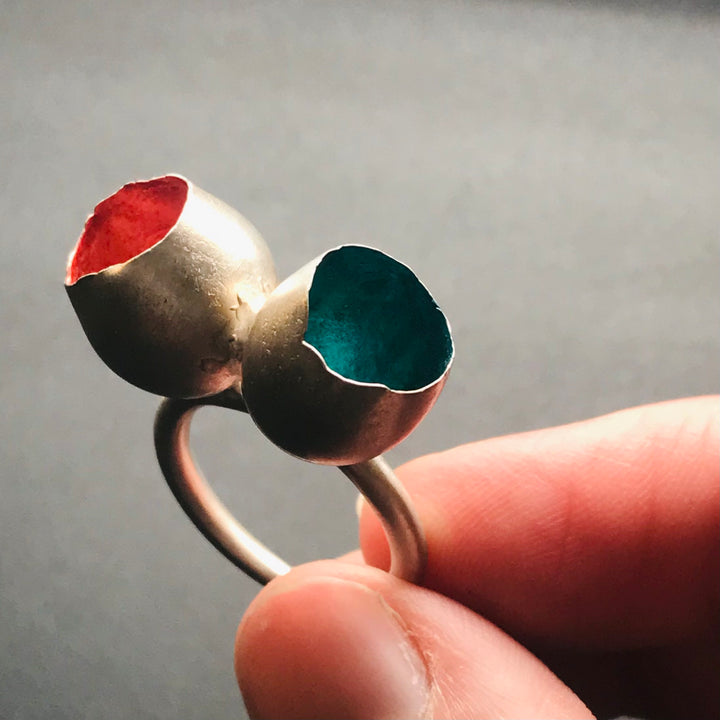 Blue and red double-pod ring in sterling silver, size 7.25.