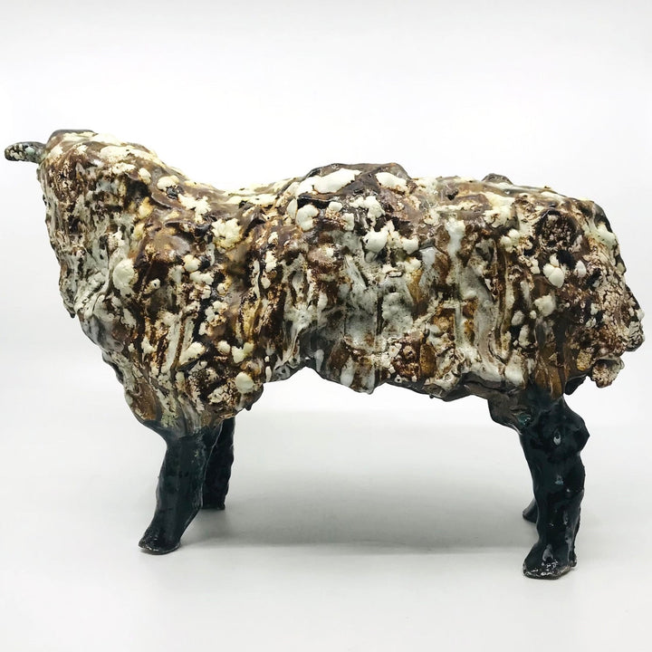 Large White and Brown Sheep. ﻿Glazed ceramic sculpture.