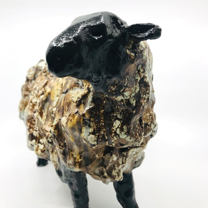 Large White and Brown Sheep. ﻿Glazed ceramic sculpture.