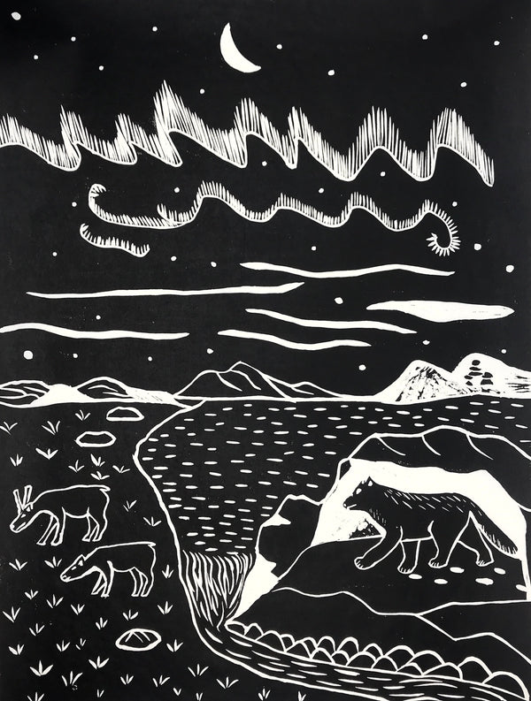 Northern Night Life, print by Leetia Alivaktuk