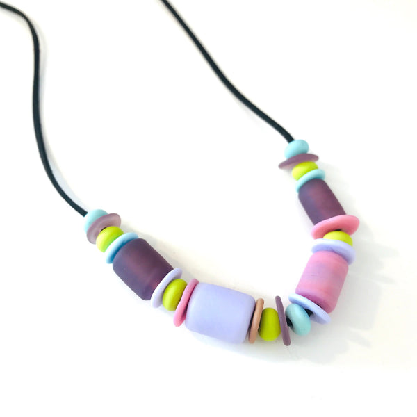 Retro Handmade Glass Bead Necklace with Pink and Purple by Susan Rankin