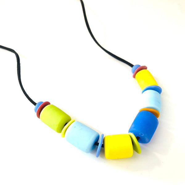 Retro Handmade Glass Bead Necklace with Blue and Yellow by Susan Rankin