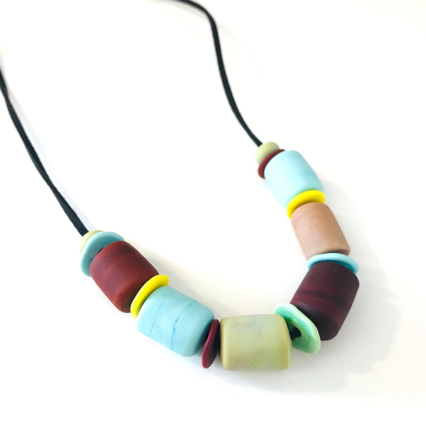 Retro Handmade Glass Bead Necklace with Blue and Burgundy by Susan Rankin