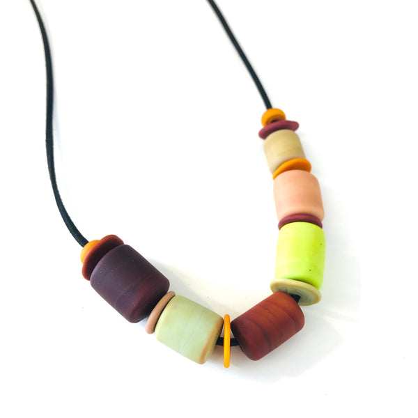 Retro Handmade Glass Bead Necklace with Red and Lime Green by Susan Rankin