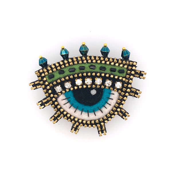 Eye With Blue Beads Mixed Media Brooch by Odile Gova