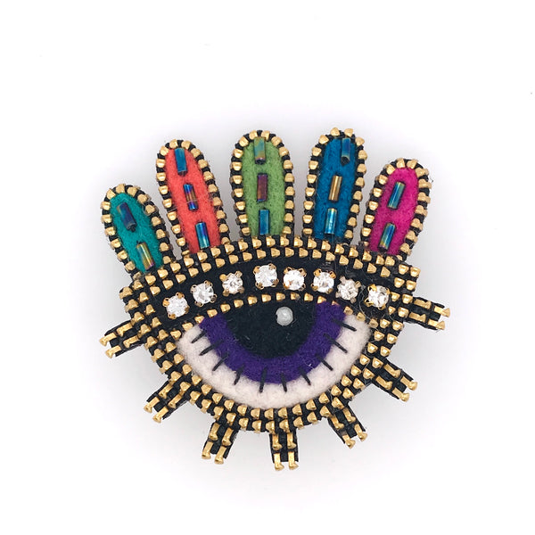 Eye With Leaves Mixed Media Brooch by Odile Gova
