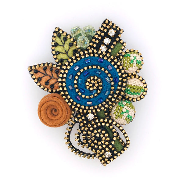 Blue Floral Mixed Media Brooch with Fall Leaves by Odile Gova