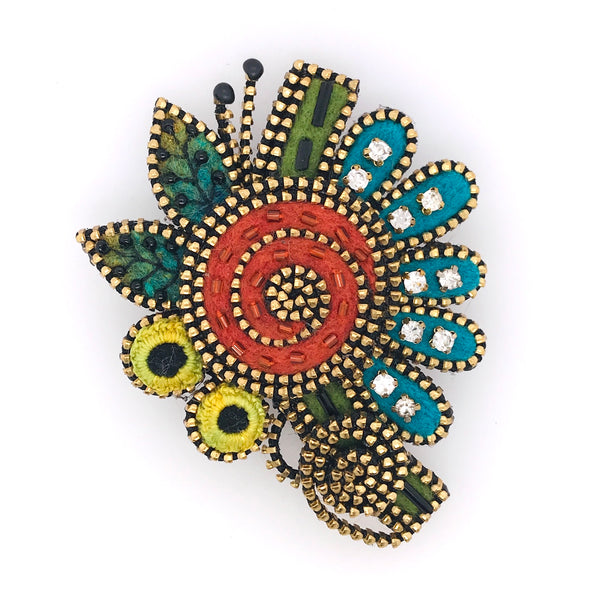 Coral Red Floral Mixed Media Brooch by Odile Gova