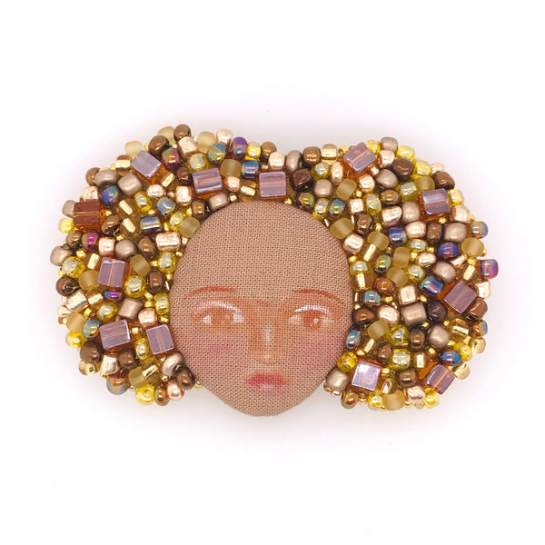 Embroidered Brooch with Purple and Gold Beads by Charlotte Sigurdson