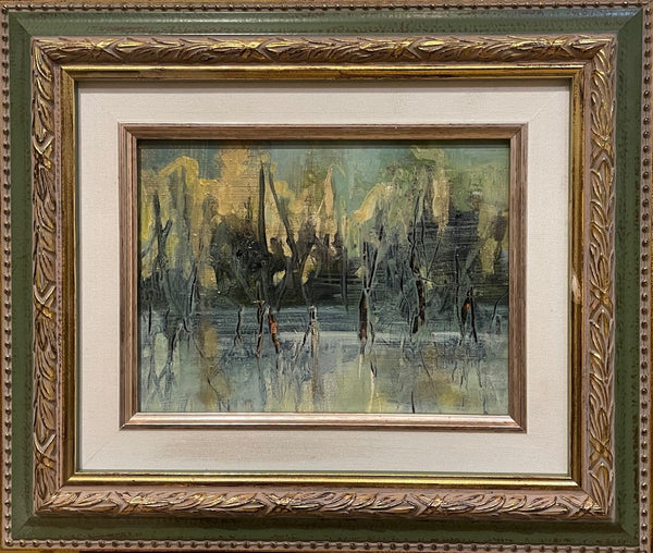 Landscape in Found Frame painting. Oil on panel. 13.25" x 11.25" framed.
