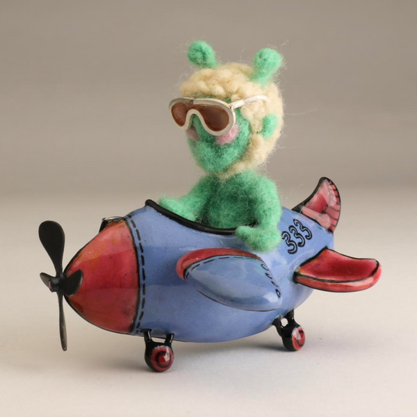 Airplane and Pilot Copper and Enamel Sculptural Brooch by Jessica Li