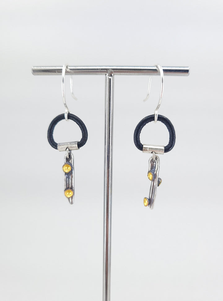 “Forest Floor” Earrings - Sterling silver ring with 23k gold leaf, copper, patina, and Greek leather.