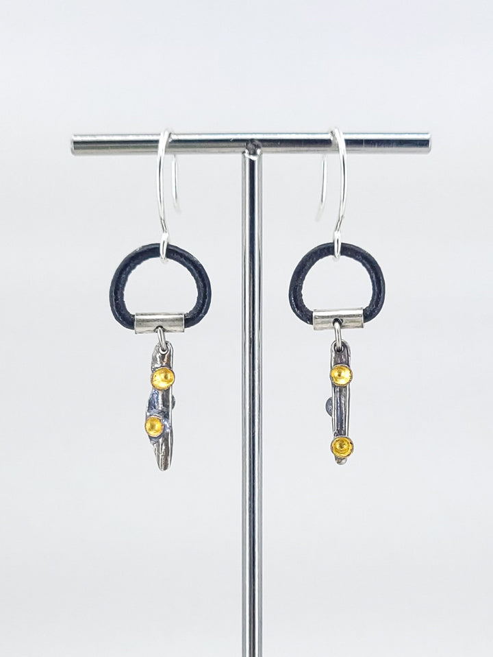 “Forest Floor” Earrings - Sterling silver ring with 23k gold leaf, copper, patina, and Greek leather.