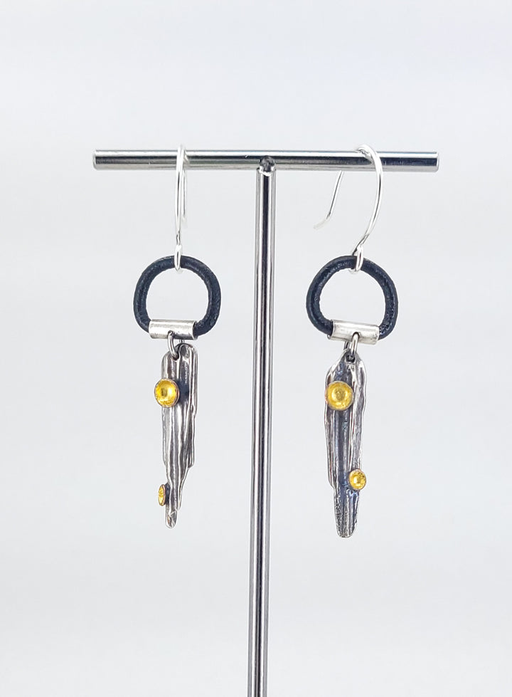 “Forest Floor” Earrings - Sterling silver ring with 23k gold leaf, copper, patina, and Greek leather.