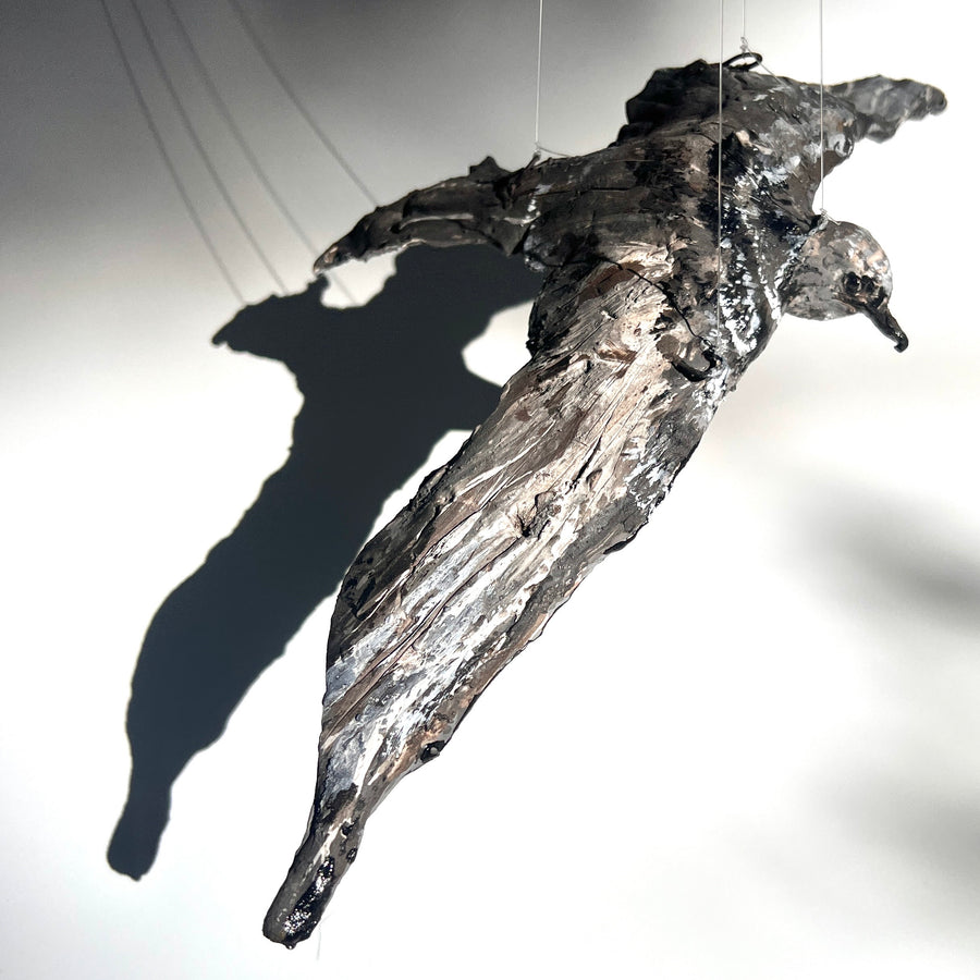 Parasitic Jaeger in Flight - gliding : multi-fired porcelain wall sculpture of a jaeger in flight, its wings outstretched. The surface is richly decora