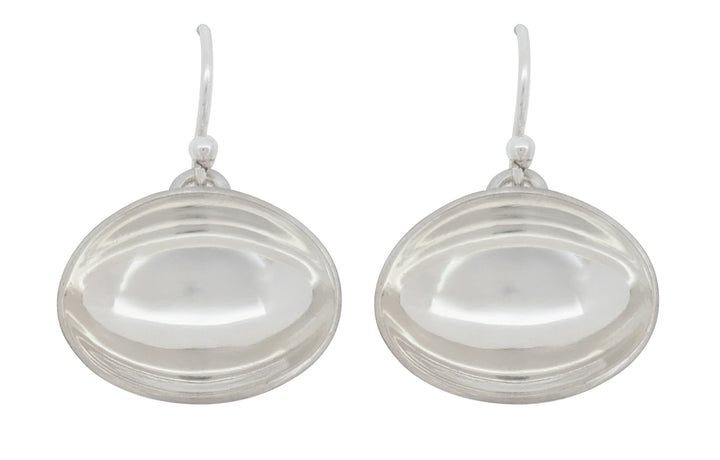 Light drop earrings in horizontal. These bright concave forms are made from silver.
