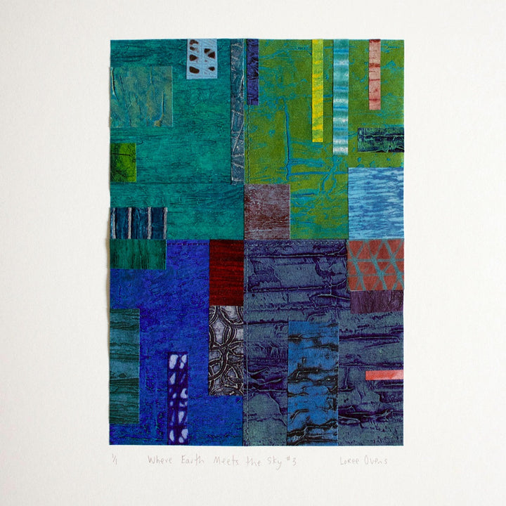 Where Earth Meets the Sky #3, 2022. Collagraph & Drypoint on Kozo (handmade Japanese paper), stitched to cotton rag paper. Framed in a natural ash wood frame.