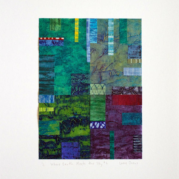 Where Earth Meets the Sky #6, 2022. Collagraph & Drypoint on Kozo (handmade Japanese paper), stitched to cotton rag paper. Framed in a natural ash wood frame.