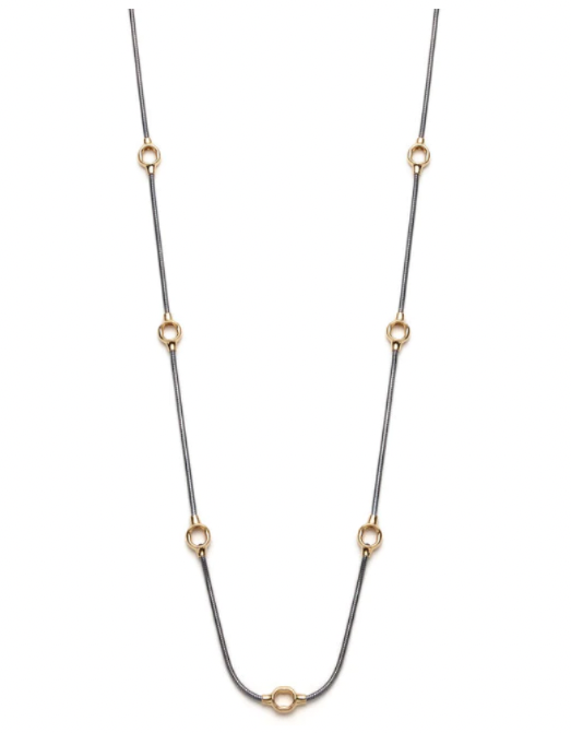 Sautoir Kabis: Long necklace of oxidized sterling silver chain with gold plated forms. The alternating black and gold creates a strong and elegant contrast. The length is 36", or 91.5cm. 
