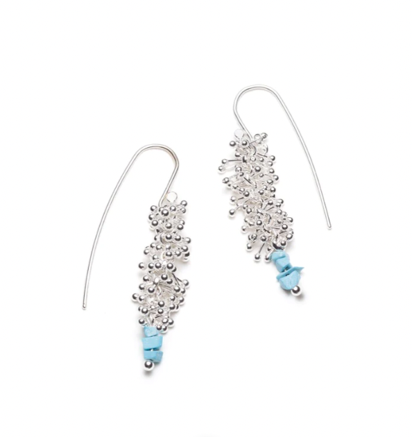 Fine and sterling silver hook earrings from the ShikShok series, capped with turquoise.