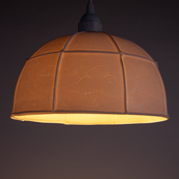 Translucent porcelain ceiling lamp with etched illustrations