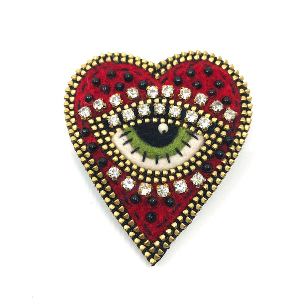 Red Heart With Eye Mixed Media Brooch by Odile Gova