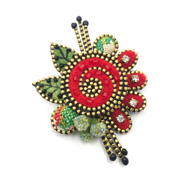 Red Floral Mixed Media Brooch by Odile Gova