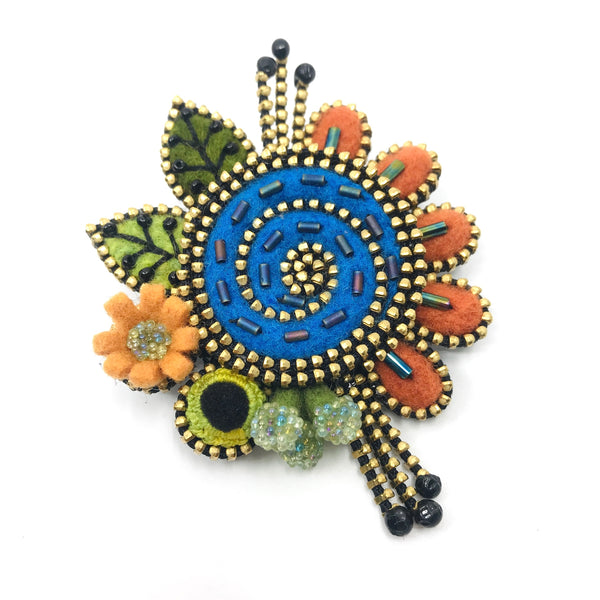 Blue Floral Mixed Media Brooch by Odile Gova