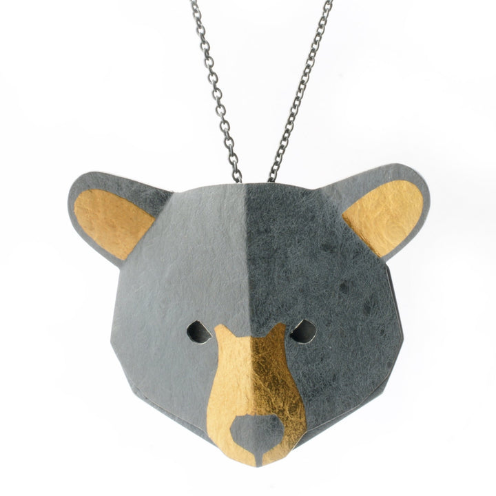 Pendant Ours Noir: Bear pendant of oxidized silver with 24k keumboo gold features. 