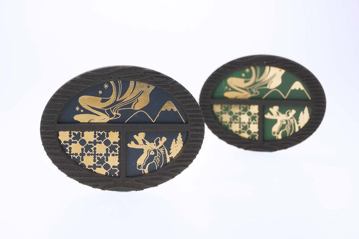 Second hometown: Canada - Treasure Box Brooch, 2023.  Created with 3D printing and laser engraving, this brooch is made of nylon, brass, and spray paint.  6.4x 5x 0.8cm