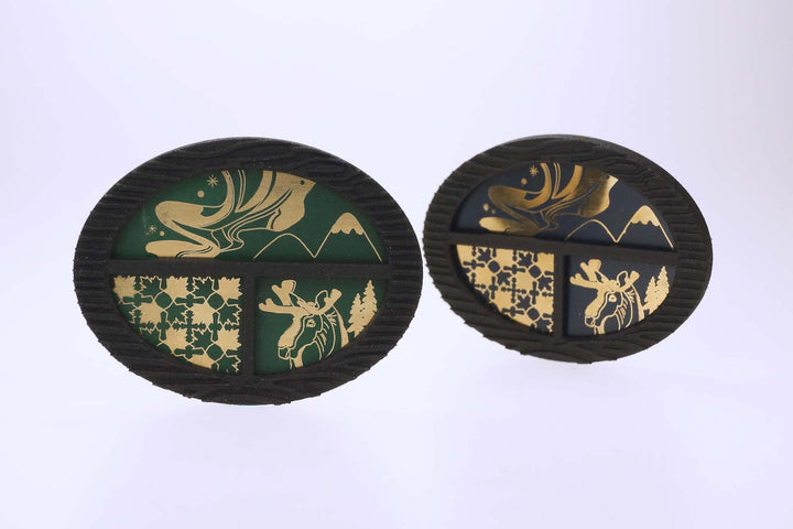 Second hometown: Canada - Treasure Box Brooch, 2023.  Created with 3D printing and laser engraving, this brooch is made of nylon, brass, and spray paint.  6.4x 5x 0.8cm